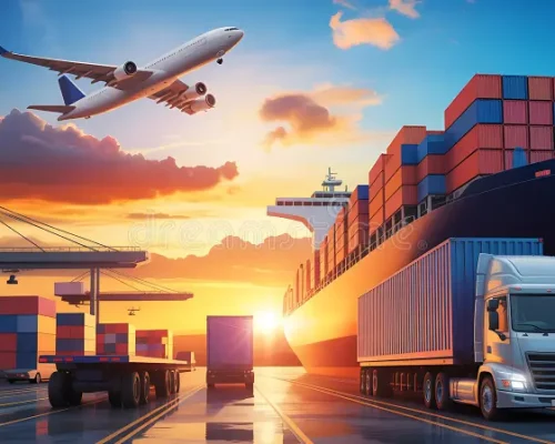 global-logistics-transportation-air-sea-road-freight-sunset-setting-busy-hub-featuring-large-cargo-ship-laden-393668789