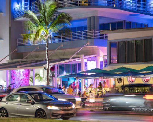 Miami, FL, USA - May 30, 2019: Miami Beach nightlife Ocean Drive long exposure photo"r