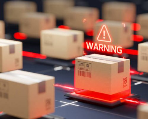 Red warning sign over cardboard box. Safety and security on sorting and storage lines. Automatic logistics management concept.