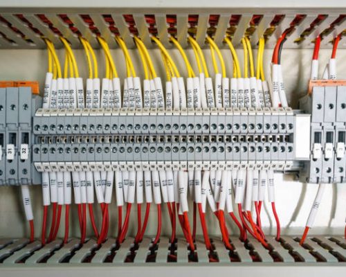 Wiring PLC Control panel with wires industrial factory